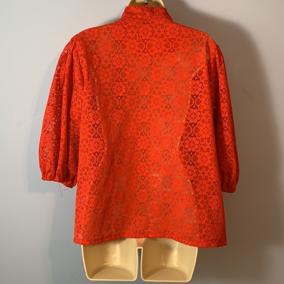 Carefree Fashions vintage Red floral Lace Top XL orange red puff 3/4 sleeve 70’s - Picture 4 of 8